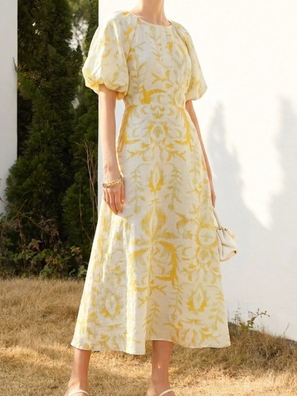 Light Yellow Boho Women's Bamboo Knit Floral Print Short Sleeve Cinched Dress